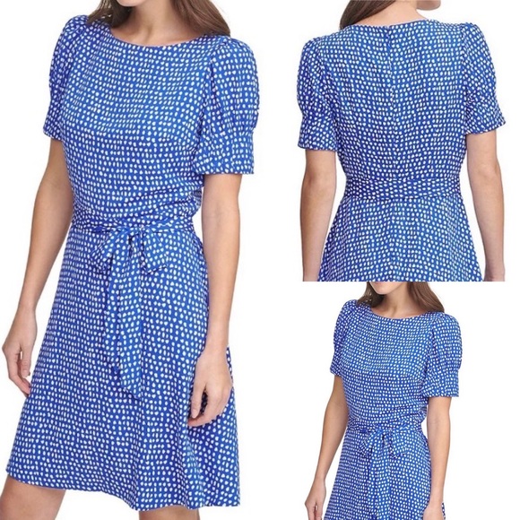 NEW DKNY Petite Size 2 2P Iris Dot Print Short
Puff Sleeve Neck Tie
Waist Dress - Picture 2 of 7